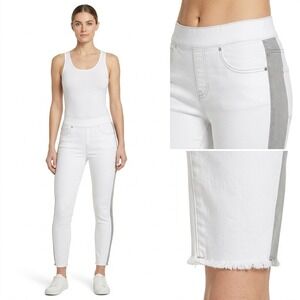 Spanx White Ankle Skinny Jeans Grey Side Stripe Raw Hem 20234R XL White Grey